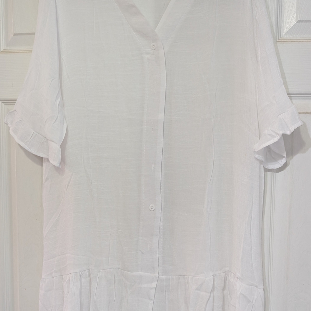 White Flutter Sleeve Notched Collar Button Down Top